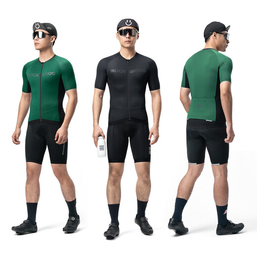 ROCKBROS cycling clothing suit summer short-sleeved shorts men's top mountain bike road cycling sportswear Taihang dark green top + Pasta suit L