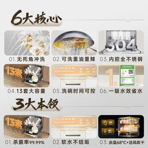 Canbo Dolphin dishwasher large capacity embedded under the stove 13 sets of household disinfection and drying all-in-one machine First-class water efficiency independent 304 stainless steel XWJ13-QB03W ivory white