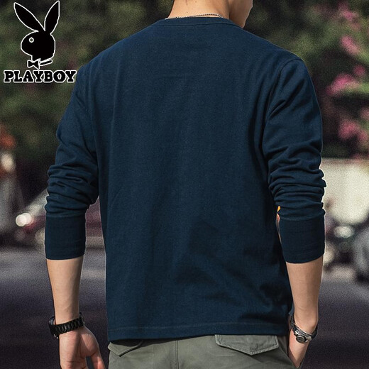 Playboy American Retro Henley Long Sleeve T-Shirt Men's 2025 Spring 250g Pure Cotton Side Seamless Henley Collar Bottoming Shirt Denim Blue 250g Pure Cotton L Reference 140-155Jin Jin is equal to 0.5 kg