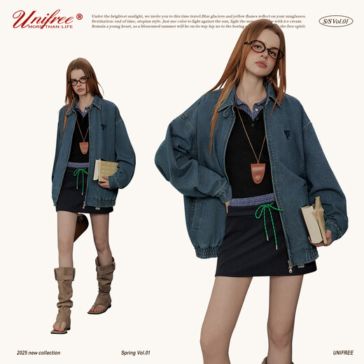 UNIFREE [Spring 25] Retro Washed Denim Jacket Miu Style Wearing Harrington Jacket L
