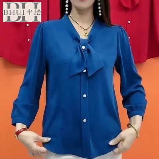 半绘新款七分袖雪纺女士衬衫高档中老年妈妈减龄色宽松遮肚子小衫女 红色-6630 L [建议95-105斤]