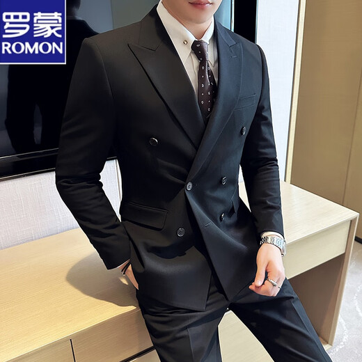 Romon leichte reife Gelegenheitsanzug Doppelbrust 2025 Neues Feder-Sensing-Pendler Einfacher Anzug Kleid Herren Trend dunkelgrau (Anzug + Hosen) Schwarzes Hemd Navy XL (52)