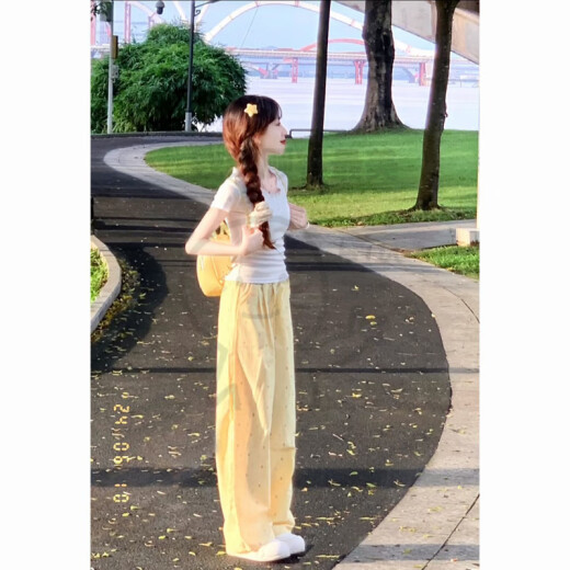 素优米（SUYOUMI）多巴胺穿搭甜妹温柔风显瘦短袖上衣彩色波点直筒阔腿裤两件套ins 套装-上衣+裤子【已有756人在拼 S 60-85斤【品质】