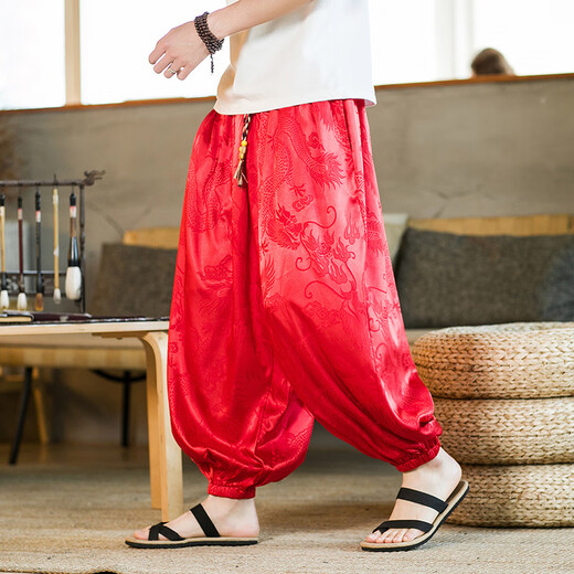 贝吉棋中国风男裤子夏季薄款冰丝垂感哈伦裤宽松大码胖子肥佬阔腿灯笼裤 黑色 加肥束脚 5XL 210-230斤