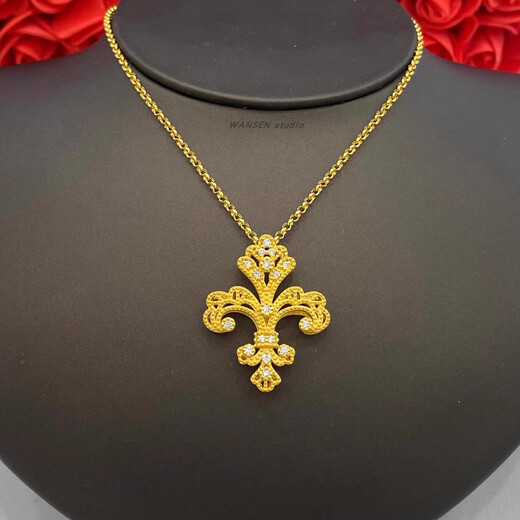 Shien ancient method point diamond palace style iris flower necklace for women 18K gold 1855 handed down gold retro brushed pendant clavicle chain large ancient method iris flower necklace
