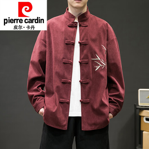 
Pierre cardin Chinese style embroidered jacket for men in spring and autumn new Chinese style retro buckle jacket large size loose modified Hanfu Tang suit black XL