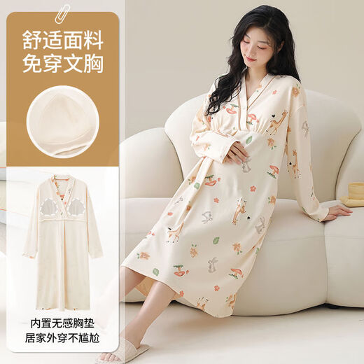 Reines Nachthemd mit Brustpolster neuer Frühlings- und Herbst Sommer langärmelige Kleidung für schwangere Frauen nach der Geburt und nach der Geburt Still- und Schwangerschafts-Pyjamas MNQ13062#RR One Size XXL-Code [140-160]
