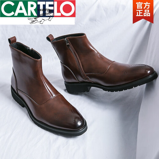 卡帝乐鳄鱼（CARTELO）切尔西男靴秋冬高帮休闲皮鞋英伦风百搭男士网红时尚尖头马丁靴男 X.M841-5黑色(内增高) 42