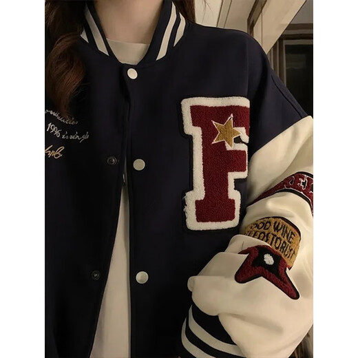 POUM American retro baseball uniform jacket men and women same style design niche casual loose teenager jacket top TM-W733 navy blue 3XL