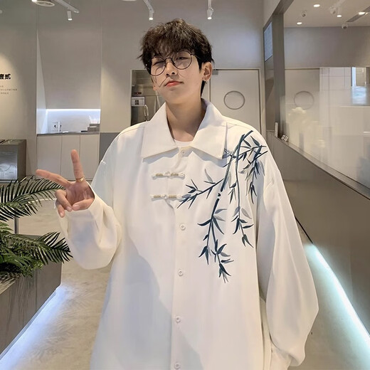 Jean-Vis new Chinese style Chinese style long-sleeved shirt men's embroidered trendy spring and autumn Hanfu folding Tang suit shirt jacket white 5XL [recommended 200-230Jin [Jin equals 0.5 kg]]