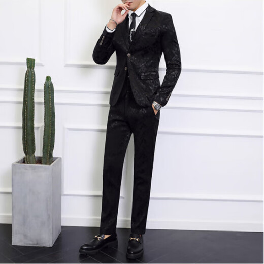 SUSTYLE high-end luxury brand men's high-end business casual suit suit men's new hot stamping printed wedding dress black gift box 2XL