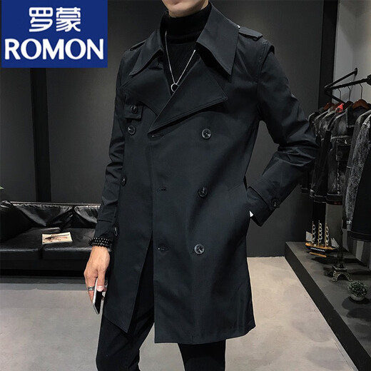 ROMON military windbreaker men's mid-length spring and autumn style 2025 new British slim double-breasted coat jacket men's military green XXS recommended 90Jin Jin equal to within 0.5kg