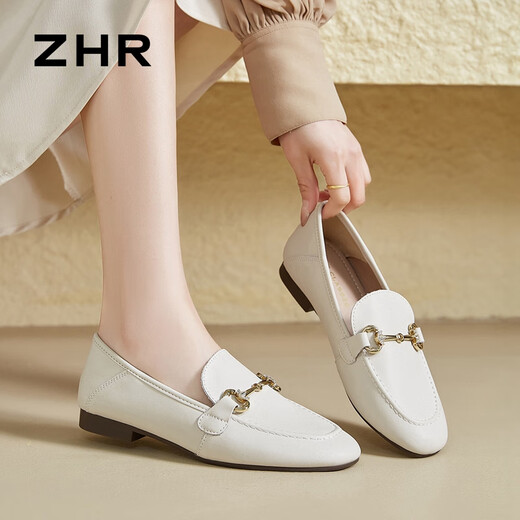 ZHR乐福鞋女春秋通勤风平底小皮鞋女软面一脚蹬单鞋女 AH653 米色 37