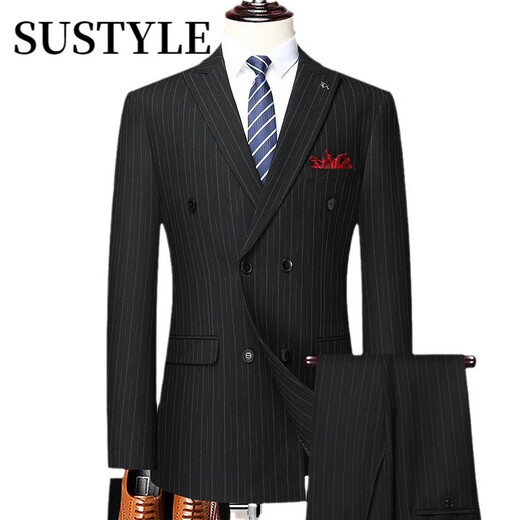 SUSTYLE high-end luxury men's suit suit men's spring and autumn business plus fat double-breasted groom's suit jacket men's black two-piece suit 2XL 185