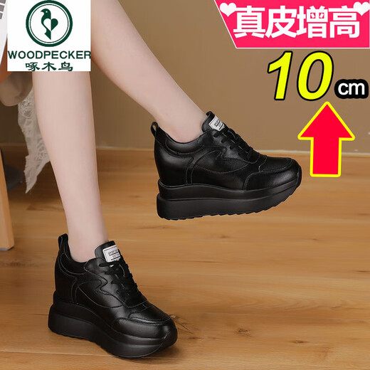 Woodpecker inner height increasing women's shoes 10cm super high heel thick sole spring and summer new wedge travel shoes genuine leather versatile platform white shoes black single shoe genuine leather 34