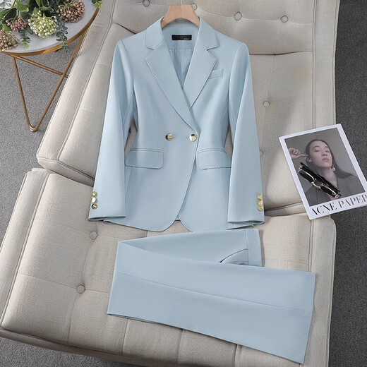Jian Ting professional suit suit for women 2026 high-end formal occasion announcer host formal suit jacket overalls two-button sky blue suit + bootcut pants L (recommended 100-110 Jin Jin equals 0.5 kg)