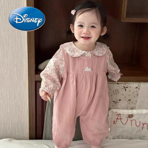 Disney baby suit spring and autumn style sweet floral doll collar shirt embroidered overalls two-piece autumn baby clothes pink rabbit shirt ten overalls two-piece 90 (22-26Jin[Jin equals 0.5 kg])