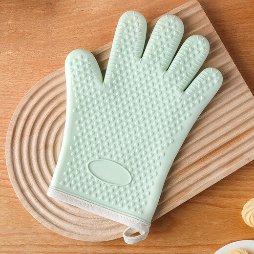 Miling anti-scalding gloves are insulated, thickened and high-temperature resistant silicone kitchen oven anti-slip anti-heat microwave oven baking gloves L, a pair of light green five-finger models (high temperature resistance).