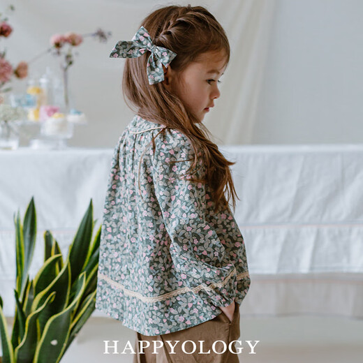 Happyology British European style button-down girls' shirt children's shirt long-sleeved tops girls British splicing collar flowery golden rose 134 (134cm)