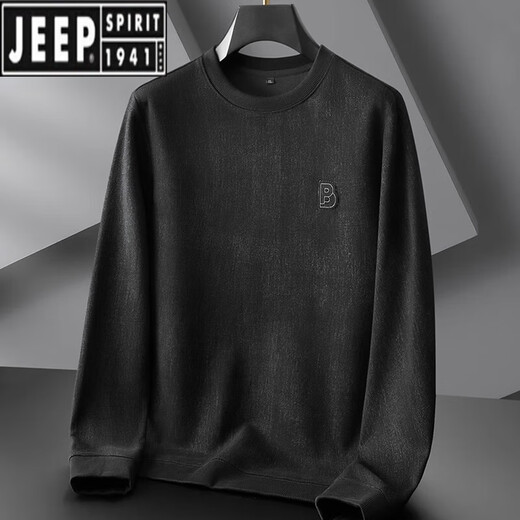 Jeep Spirit Spring und Herbst Runde Hals Langarm T-Shirt Herren Plus Fett Plus-Größe bedrucktes Sweatshirt Fett lose Baumwollbasis-Hemd Top 9855 Schwarz plus Samt XL (120-140jin [Jin gleich 0,5 kg]))
