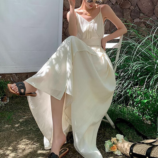 Miao Yijia white dress women's skirt summer 2025 new high-end French dress seaside vacation style beach long skirt French retro V-neck suspender dress M [Suggested 110-125Jin [Jin equals 0.5 kg]]