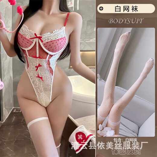 鲜橙曼欲纯欲护士制服蕾丝蝴蝶结心型透视连体衣性感套装9276 红色连体衣+发箍白网袜 S码80-100斤