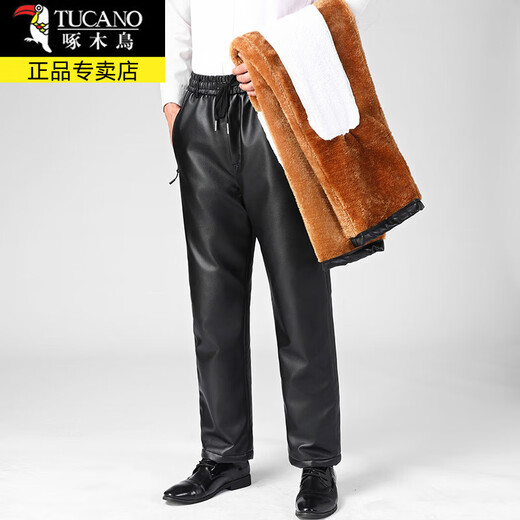 Woodpecker (TUCANO) Winter Leather Pants Men's Velvet Thickened Takeaway Cycling Driving Windproof and Waterproof Leather Pants Loose Warm Cotton Pants Men 2107 Black Velvet 4XL Approximately 2'8-2'9 Waist