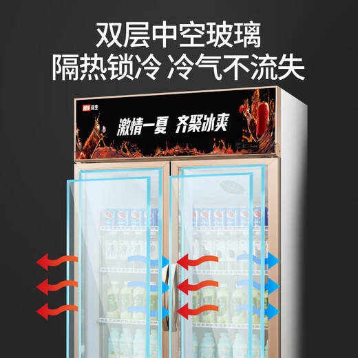 赫生展示柜商用冷藏大容量饮料保鲜柜超市便利店玻璃门冰箱风冷无霜立式啤酒柜 红色718L丨双门下机风冷