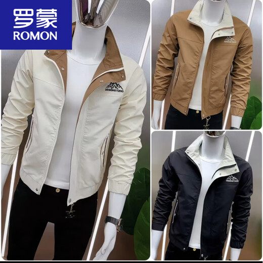 ROMON 2025 new spring and autumn men's jacket stand collar zipper trend Korean style early spring jacket slim and versatile off-white single piece jacket 2XL suitable for 135-145Jin Jin equals 0.5 kg