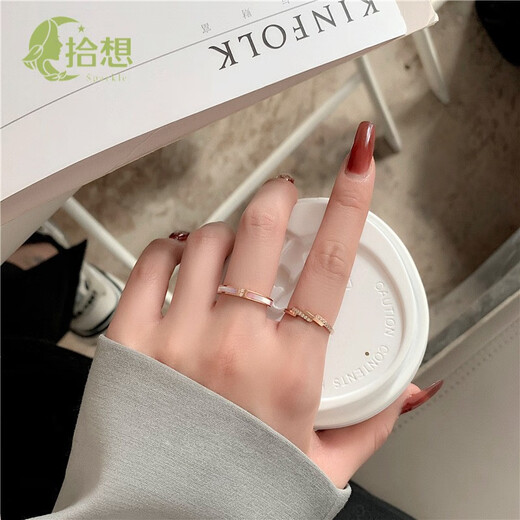Shixiang Light Luxury Ring Exquisite and High-end Large Size Women's Fat MM Micro-Inlaid Pink Shell European and American Fat People's Thick Finger Index Finger Ring Gold Color Pink Shell Model US Size 9