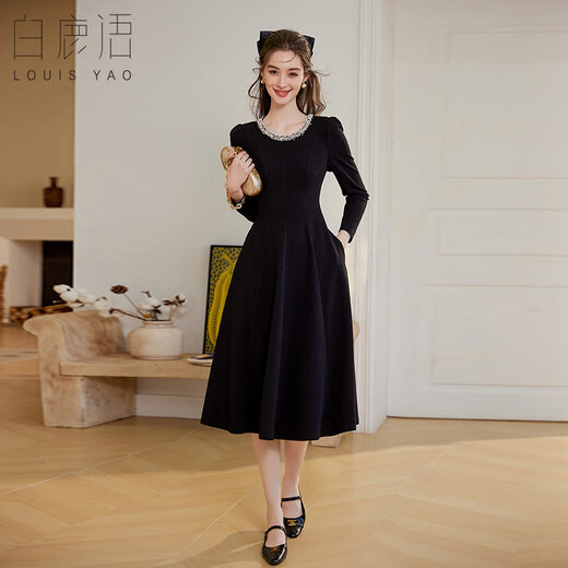 Bailuyu Spring and Autumn Round Neck Contrast Color Bead Chain Little Black Dress Retro Slim Midi Long Sleeve Dress Black XL
