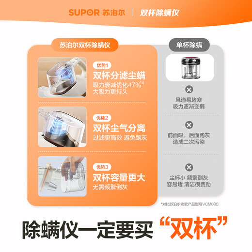 Supor Mite Remover Bed Treasure must-have high-suction, ultraviolet, double-vibration, high-temperature sterilization, hot-drying, and dehumidification double-cup dust mite separation household vacuum artifact D21B