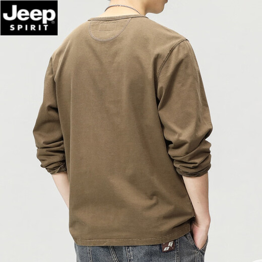 JEEP SPIRIT American retro round neck long-sleeved T-shirt men's spring and autumn heavyweight cotton sweatshirt loose trendy brand Henry collar bottoming shirt Mocha brown 2XL suitable for 160-180Jin Jin equals 0.5 kg