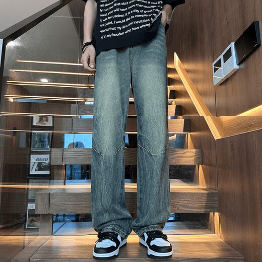 
Bamboo stitched needle jeans men's summer American retro vibe high street micro-flare pants loose straight pants handsome trousers light blue 688-DDD 2XL