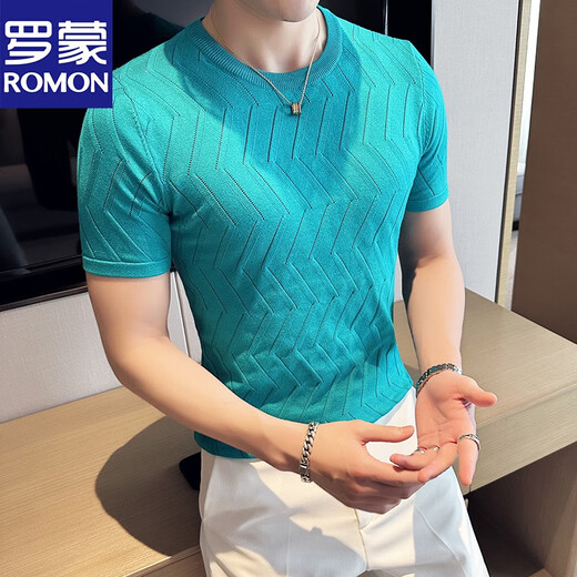 罗蒙（ROMON）夏季男士高级短袖t恤2025新款镂空针织圆领修身弹力透气体恤上衣 9759灰色 (菱形格款) XL 125-135斤