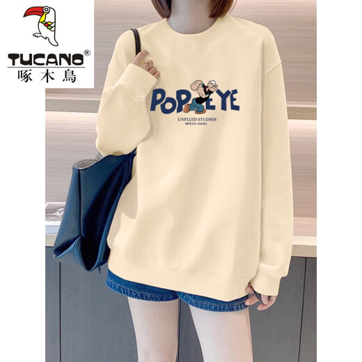Woodpecker (Tucano) Hutloser Baumwoll-Sweatshirt für Frauen Herbst New Longleved T-Shirt Round Hals Lazy Style Dünn locker schlank vielseitig.