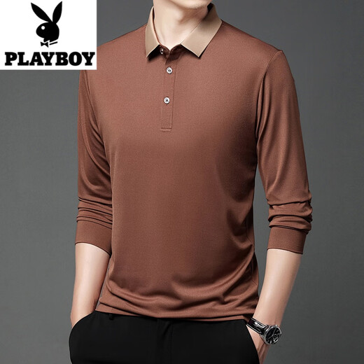 花花公子（PLAYBOY）男士长袖t恤冰丝光棉翻领薄款2025春秋季新款中年爸爸装纯色T恤 F15816黑色 175/115/52135-155斤 XL