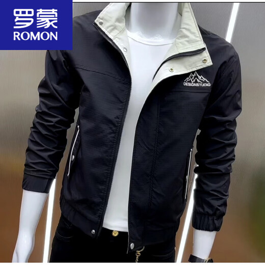 ROMON 2025 new spring and autumn men's jacket stand collar zipper trend Korean style early spring jacket slim and versatile off-white single piece jacket 2XL suitable for 135-145Jin Jin equals 0.5 kg