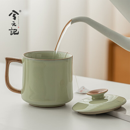 Xiyuanji Guanyao Ceramic Tea Cup Personal Office Tea Cup with Cover Mug High-end Ceramic Cup Beige Guanyao Song Water Cup-Simple Pack 350ml