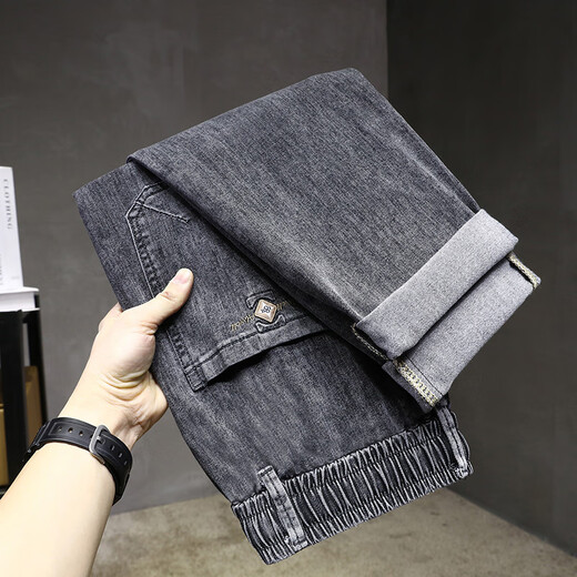 2025 Father élastique élastique à quatre saisons jeans épais jeans mascules petits pieds pantalon harem cordon de crampon pantalon papa 2362 gris noir 38 (recommandé 185-210jin [Jin est égal à 0,5 kg]))