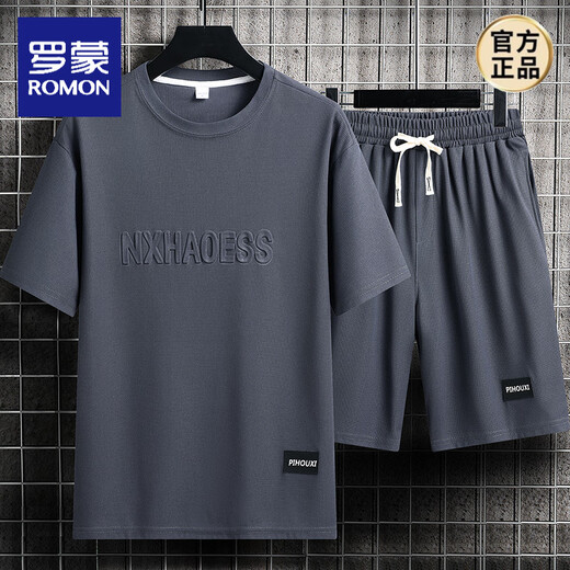罗蒙（ROMON）男士夏季套装青少年短袖t恤薄款冰丝两件套休闲运动服五分短裤子 套装-TZ829军绿【上衣+裤子】 M 建议90-110斤