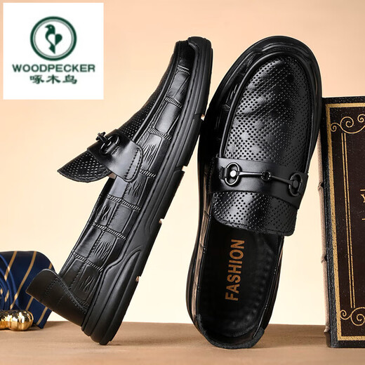 Woodpecker 2025 summer new men's shoes one-foot leather shoes men's soft-soled lazy shoes men's casual shoes internet celebrity beans shoes men 826 black [Holved foot cover] 38