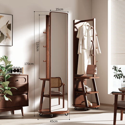 Tingxu solid wood dressing mirror hanging hanger integrated full-body mirror dressing rack floor-standing entrance door clothes rack 673 [with pulley] brown (45CM)