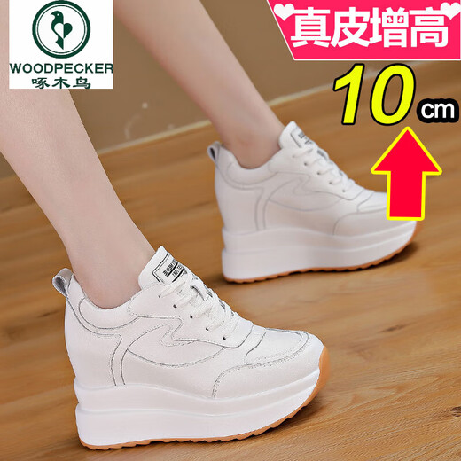 Woodpecker inner height increasing women's shoes 10cm super high heel thick sole spring and summer new wedge travel shoes genuine leather versatile platform white shoes black single shoe genuine leather 34