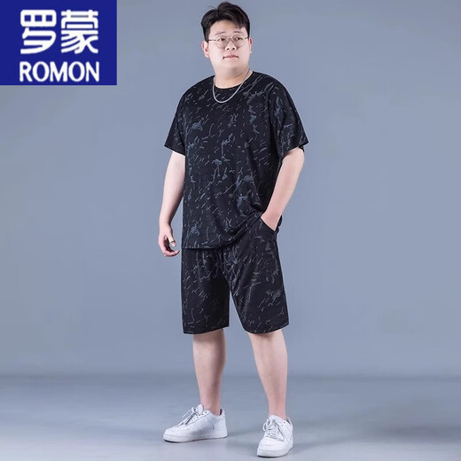 Romon Ice Silk Sports Traje para hombres Summer de gran tamaño de tamaño delgado de estilo de estilo rápido para hombres Fat Fat Plus Fat Plus Flow Short Sleas Z829 Negro de alta calidad Traje de seda de hielo 2XL recomendado 140-160Jin [Jin equivale a 0.5 kg]