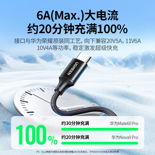 Greenlink Type-C data cable 6A is suitable for Huawei Honor super fast charging 100W/66W charging cable Pura80/70/Mate70/60Pro+ Xiaomi Android mobile phone car 2 meters