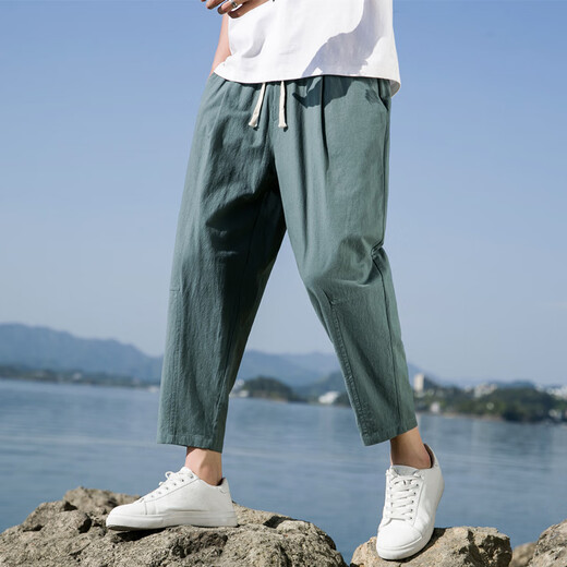 Fox Donkey Fox Nouveau pantalon chinois en coton et en ligne Men Men Fin Loose Wide Jambes Coton et ligne Pantalon décontracté simple Pantalon Cropped Men Green XL