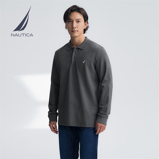 NAUTICA Shopping mall same style men's 25 spring and autumn new style cotton ammonia pique elastic and stylish long-sleeved POLO shirt for men dark gray 0MR M