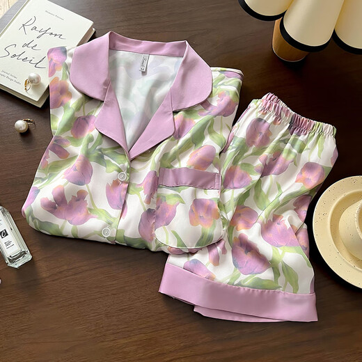 Mu Yilin [6386 personas alabadas] pijamas de tulipán para mujeres en verano delgada seda de seda de manga corta de manga corta para mujeres en verano