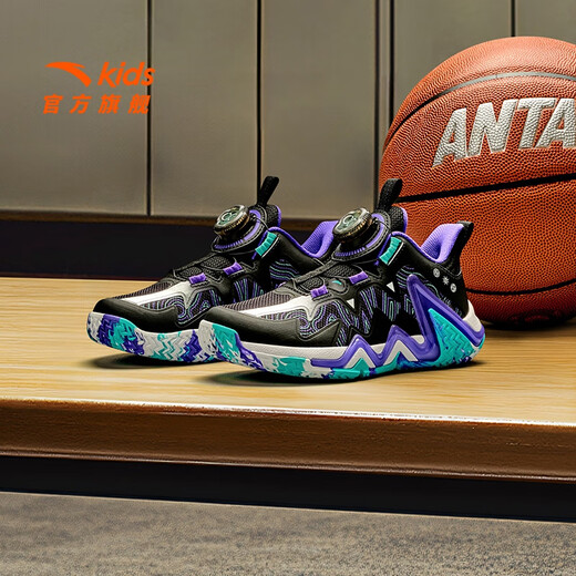 Anta-Kinder-Turnschuhe Jungenschuhe 2025 Frühlings- und Sommer-Neuerproduktknopf-Knopf Anti-Rutsch-Rutsch professioneller Umkehrskala Spezielle Basketballschuhe [Reverse Scale] Schwarz/Silber/Dream Purple 9930-2 31 31